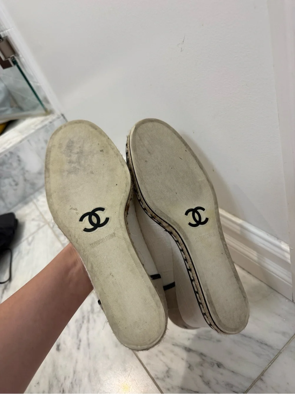 CHANEL Beige and Black Canvas Espadrille Wedge Shoes